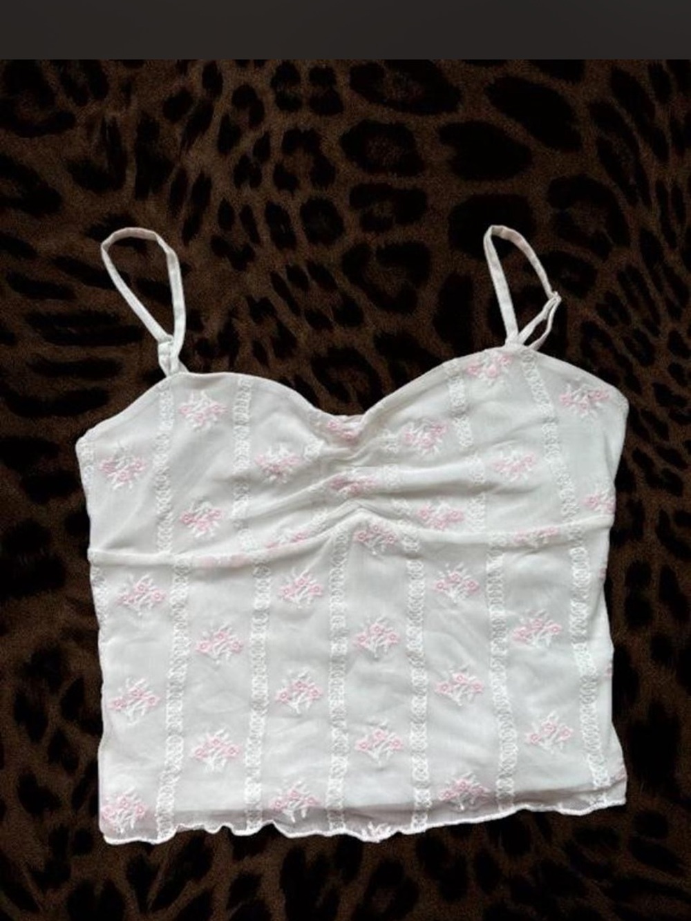 Pink Rose White Cami with Pink Floral Embroidery